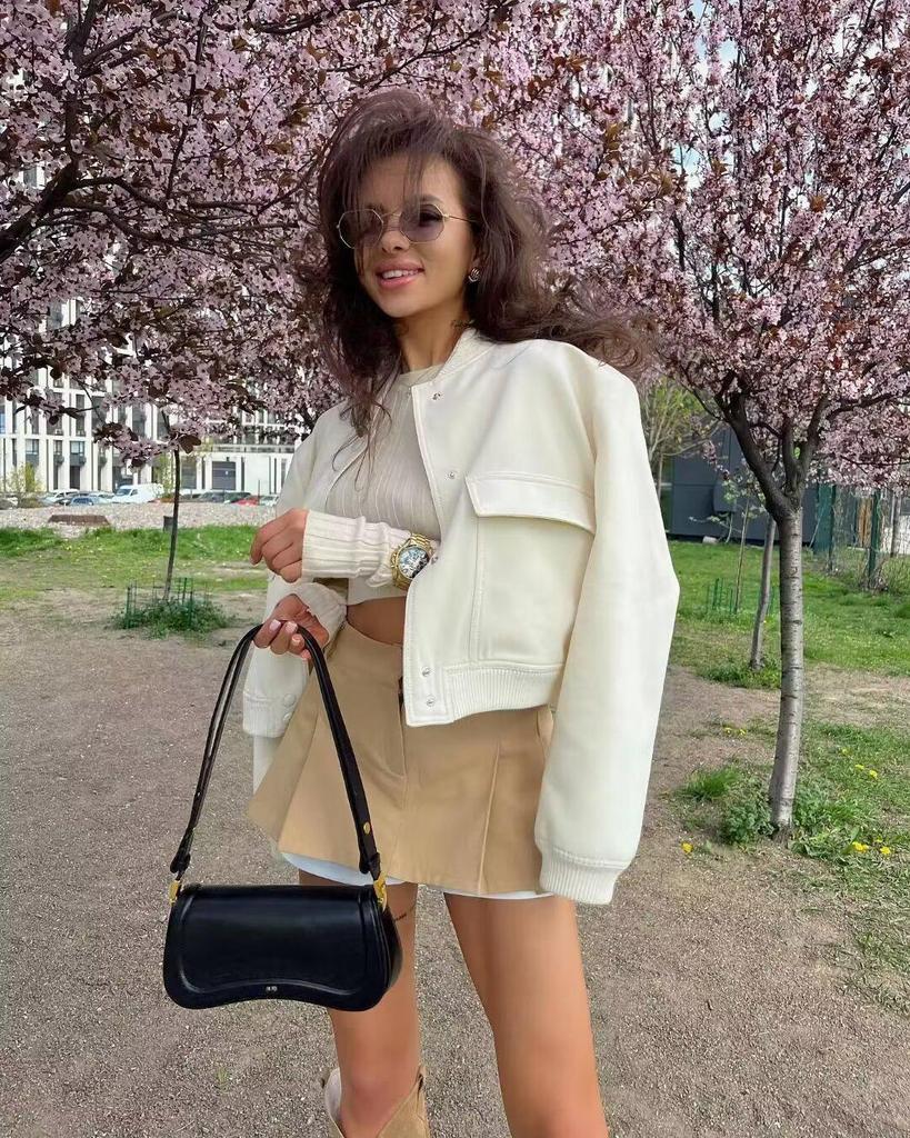 2024 Women's European & American Style Autumn Bomber Jacket with Large Pockets