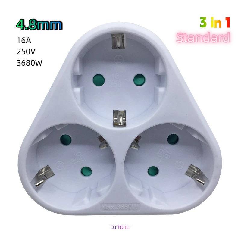 EU Type F 3‑Way Cordless Outlet Splitter – 16A Multi Plug Adapter, 3680W Max