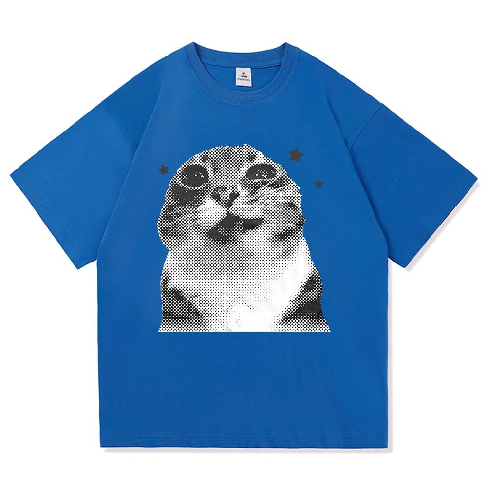 2026 Summer Unisexs Fun Cat Letter Printed Round Neck Short Sleeve Neutral 100 Cotton Soft Breathable Daily Tshirt Large