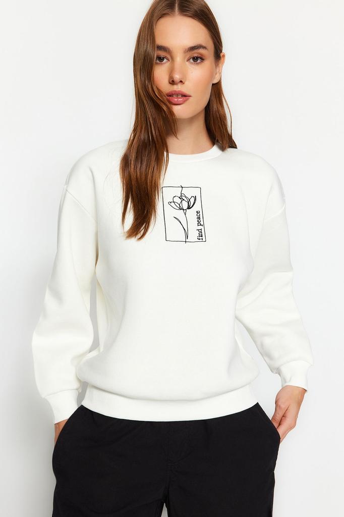 Женская модная стильная толстовка цвета экрю с цветочной вышивкой, обычная толстая внутренняя флисовая вязаная толстовка с круглым вырезом