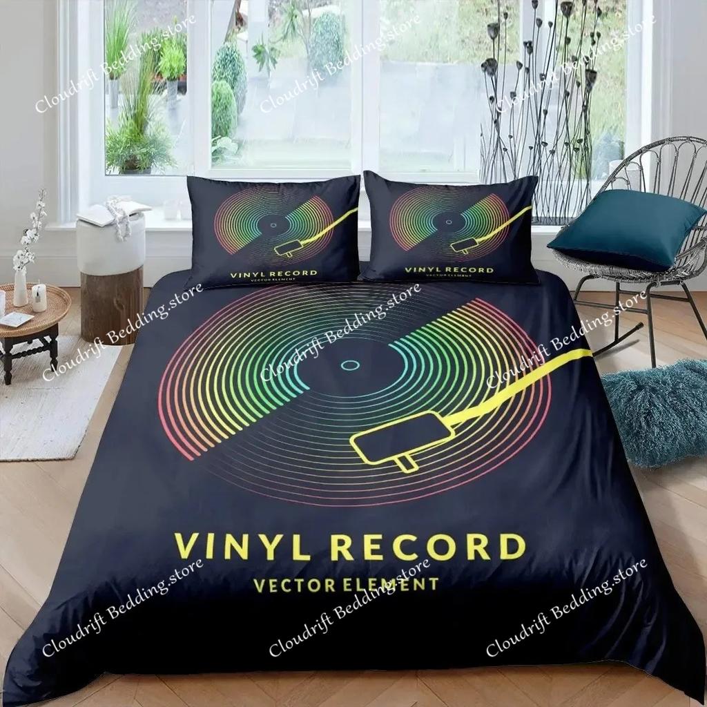 Музыкальный комплект постельного белья Queen Size Музыкальная тематика Постельное белье Пододеяльник для мальчиков Декор Диск Одеяло Покрывало Покрывало для пластинок