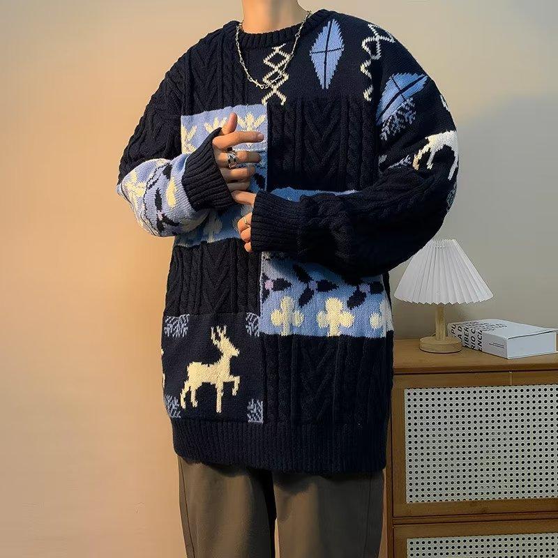 Sweater Men's Winter Thickened Lazy Base Knit Retro Stitched Warm Loose Thread Jacket