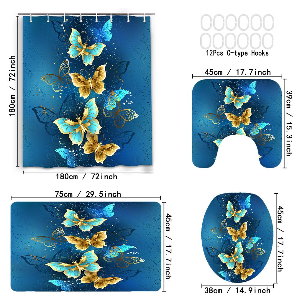 4pcs Blue-Golden Butterfly Shower Curtain Set with Rug, Toilet Lid Cover, Bath Mat, and Waterproof Polyester Curtain for Windows