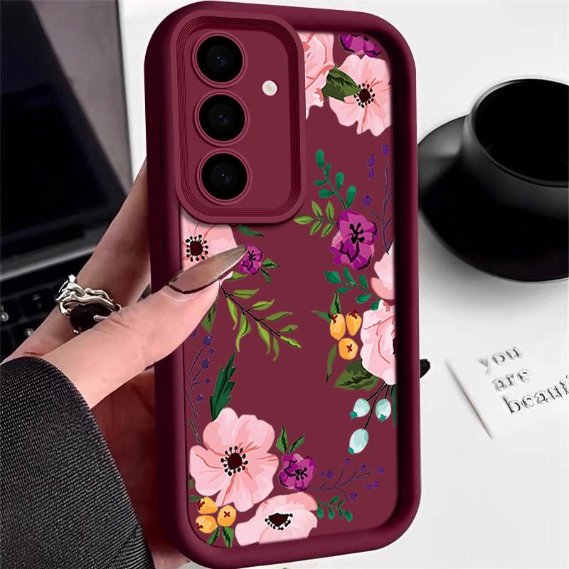 Floral Print TPU Shockproof Phone Case For Samsung S25 Ultra S24 FE S23 Plus A56 A36 A16 A15 A55 A06 Soft Silicone Lens Protection Matte Bumper Cover