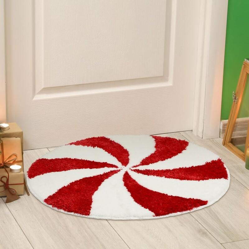 Christmas Bathroom Rugs 23 Inch Washable Round Bath Mats Winter Red White Candy Bath Mats Area Non Slip Absorbent Carpets Doormat