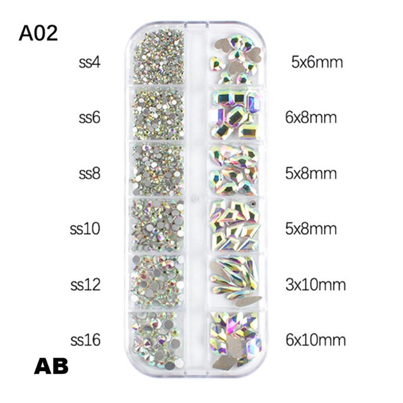 12-Grid 3D Nail Art Rhinestones Set Super-Shiny Flatback Adhesive Rhinestones for DIY Decorative Nail Art Multiple Shapes