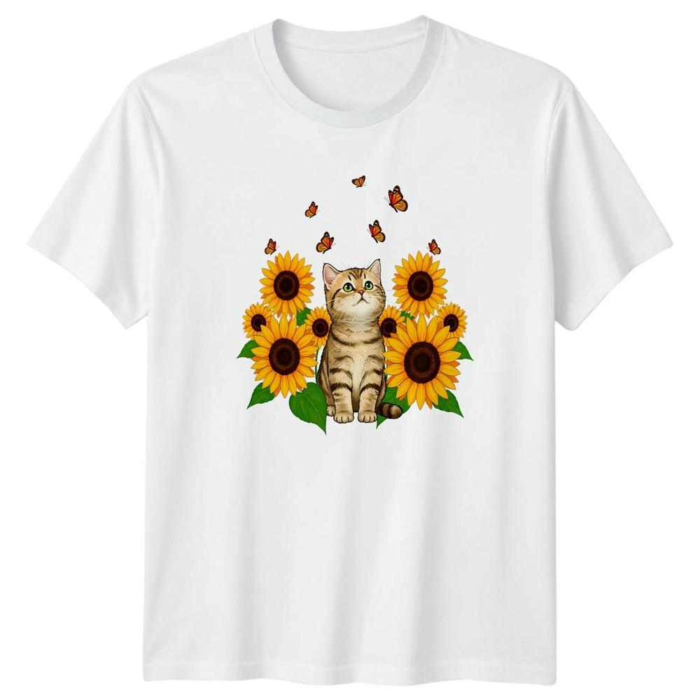 Kitten Sunflower Butterfly Unisexs TShirt Nature Cat Birthday Gift For Her