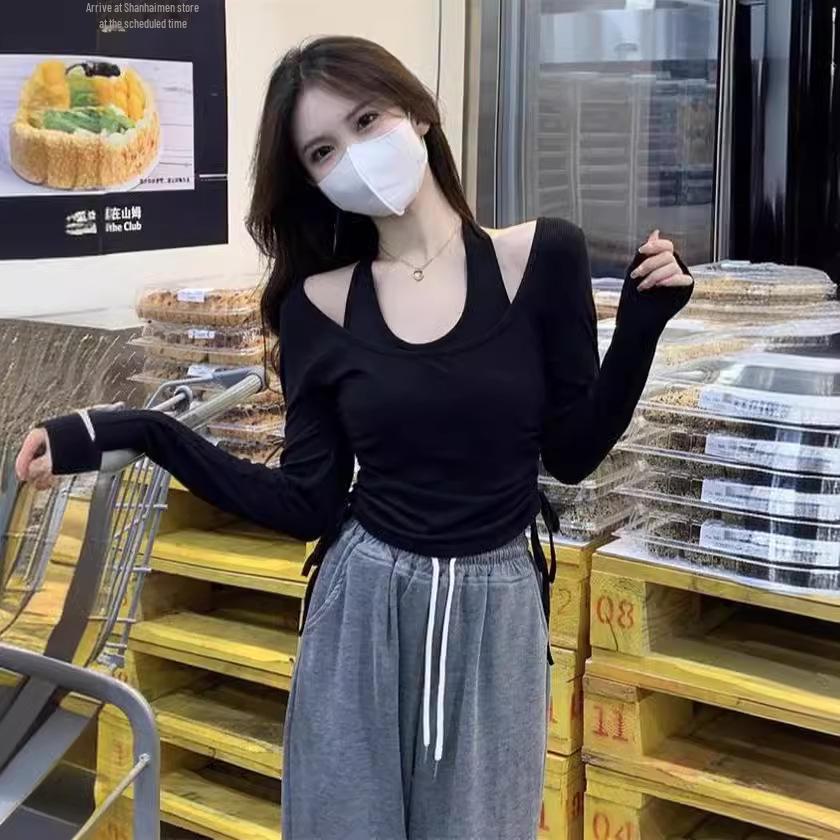 Футболка с длинным рукавом и вырезом-халтер в корейском стиле для женщин — шикарная, стильная и подчеркивающая фигуру