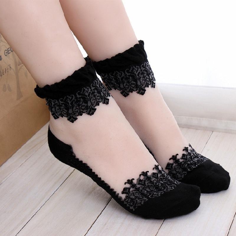 Fashion Women Girl Ultrathin Transparent Lace Socks Short Stockings Beautiful Crystal Silk EMA