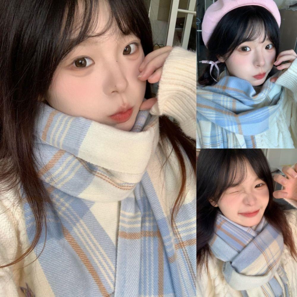 Thickened Knitted Plaid Scarf Korean Style Winter Cashmere Shawl Y2K Checkered Scarf  Unisex