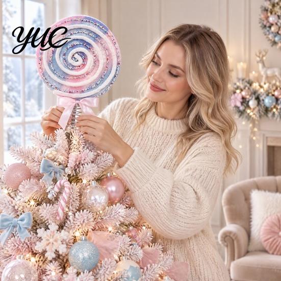 Event Stage Decoration Macaron Spiral Lollipop Christmas Tree Topper, Foam Candy Ornament with Sweet Shop Props Bow, Party Prop for Window Display
