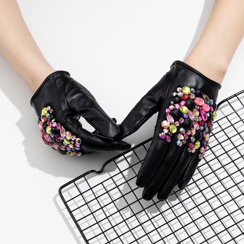 Leather Gloves for Women Short Sheepskin and Colorful Diamond Clothing and Accessories Fashionable and Warm Gloves