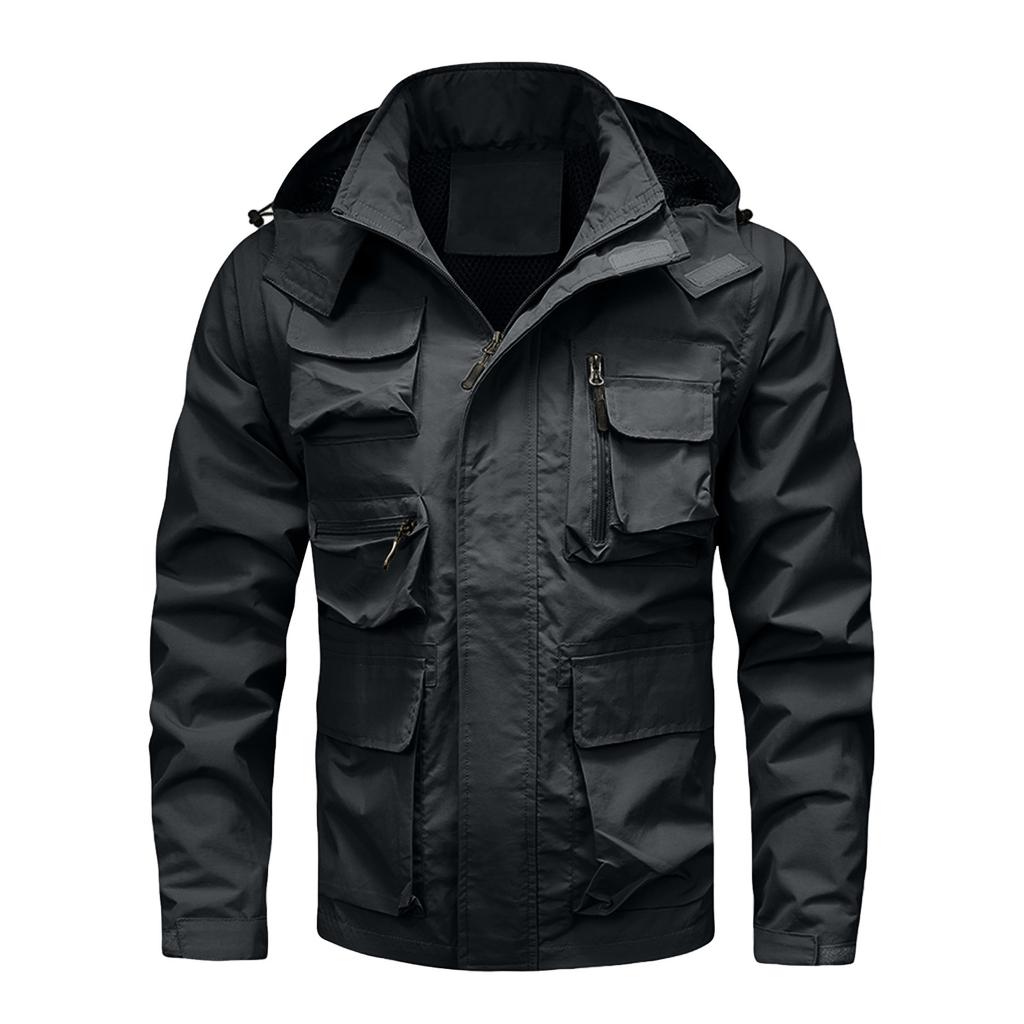 Men's Solid Color Detachable Outdoor Workwear Casual Loose Zipper Pocket Long Sleeve Jacket