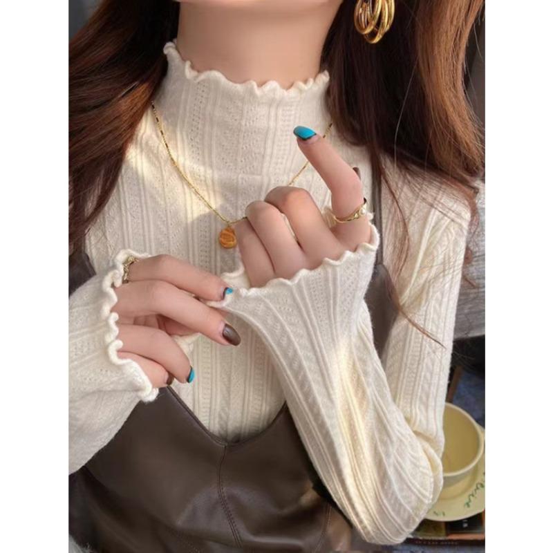 Wood Ear Edge Atmosphere Knitted Sweater Women's Spring Semi-turtleneck Inner Top Autumn and Winter Texture Base Sweater