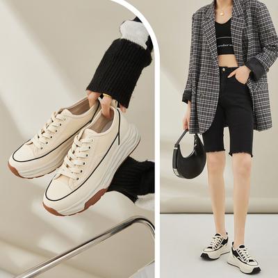 Женские парусиновые туфли на толстой подошве и шнуровке, новый стиль, универсальные повседневные белые туфли с небольшим ароматом