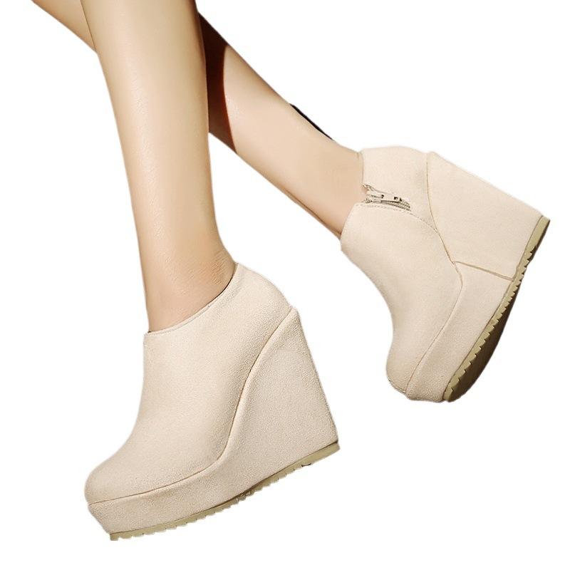 Новые женские сапоги из матового флиса на весну и осень, короткие ботинки до щиколотки, туфли на танкетке и платформе, туфли-буфы, большой размер H