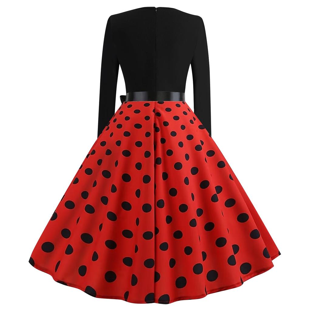 Women's Polka Dot Print Long Sleeve Dress Cutout Party Casual Round Neck Dress
