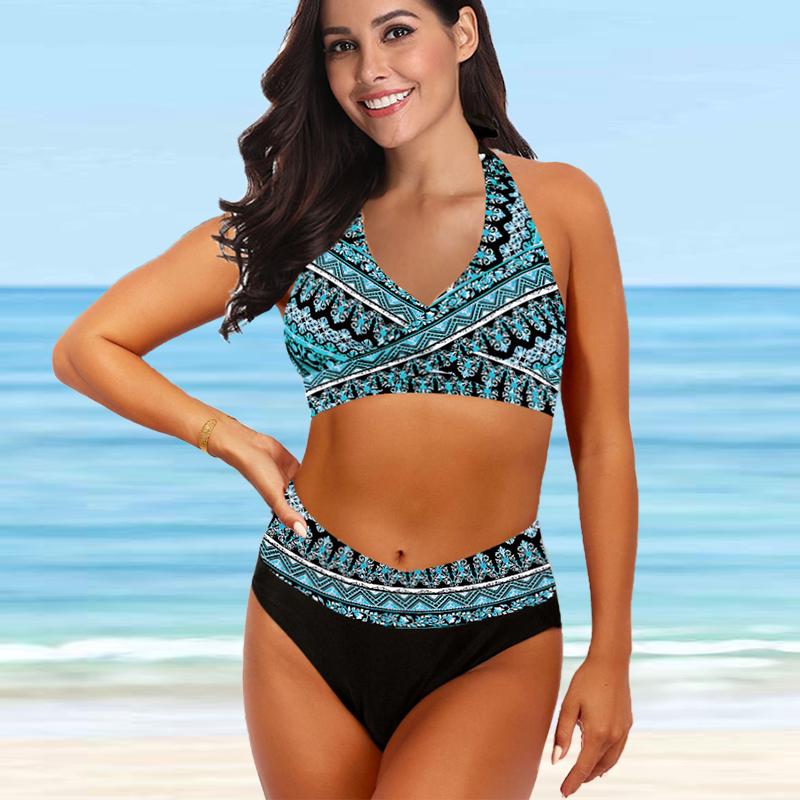 Женский купальник с бретелями, синий купальник бикини с принтом витых линий и танкини