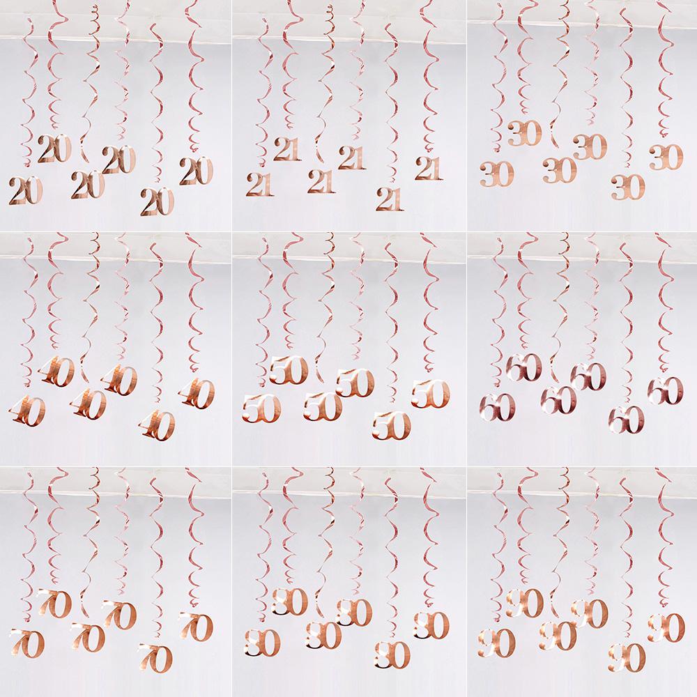 6Pcs/lot Happy Birthday Swirls Decoration 16 20 21 30 40 50 60 70 Years Rose Gold PVC Birthday Party Decorations Supplies 5