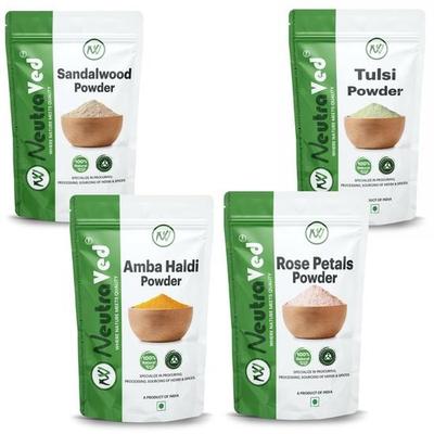НейтраВед Тулси (Святой Василий), Куркума амба, Сандаловое дерево чандан, Порошок лепестков розы для кожи и лица, Комбо-набор (Упаковка 4x100г) 400 г
