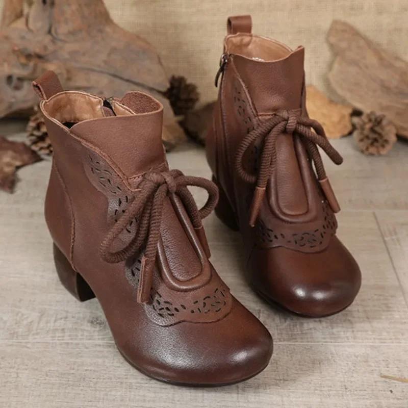 Женские сапоги осень 2025 года, кожаные туфли-лодочки для женщин, ботильоны на среднем каблуке, европейские женские туфли на молнии, сапоги на каблуке из искусственной кожи, женская обувь в стиле ретро
