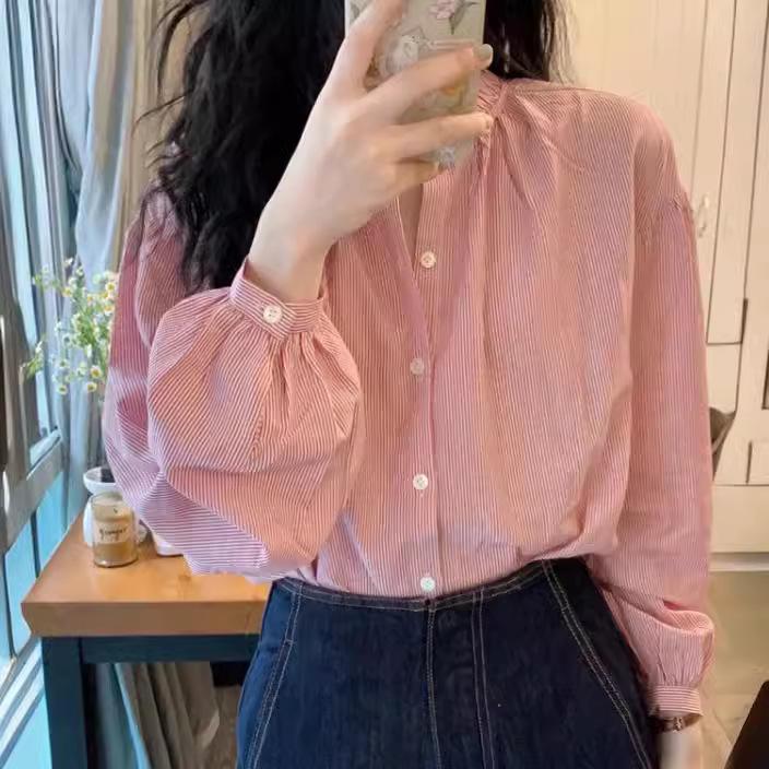 Рубашка в розовую полоску для женщин, дизайнерская рубашка Sense Niche French Design Sense, маленькие шикарные топы, винтажная базовая повседневная женская рубашка для офиса, удобная одежда