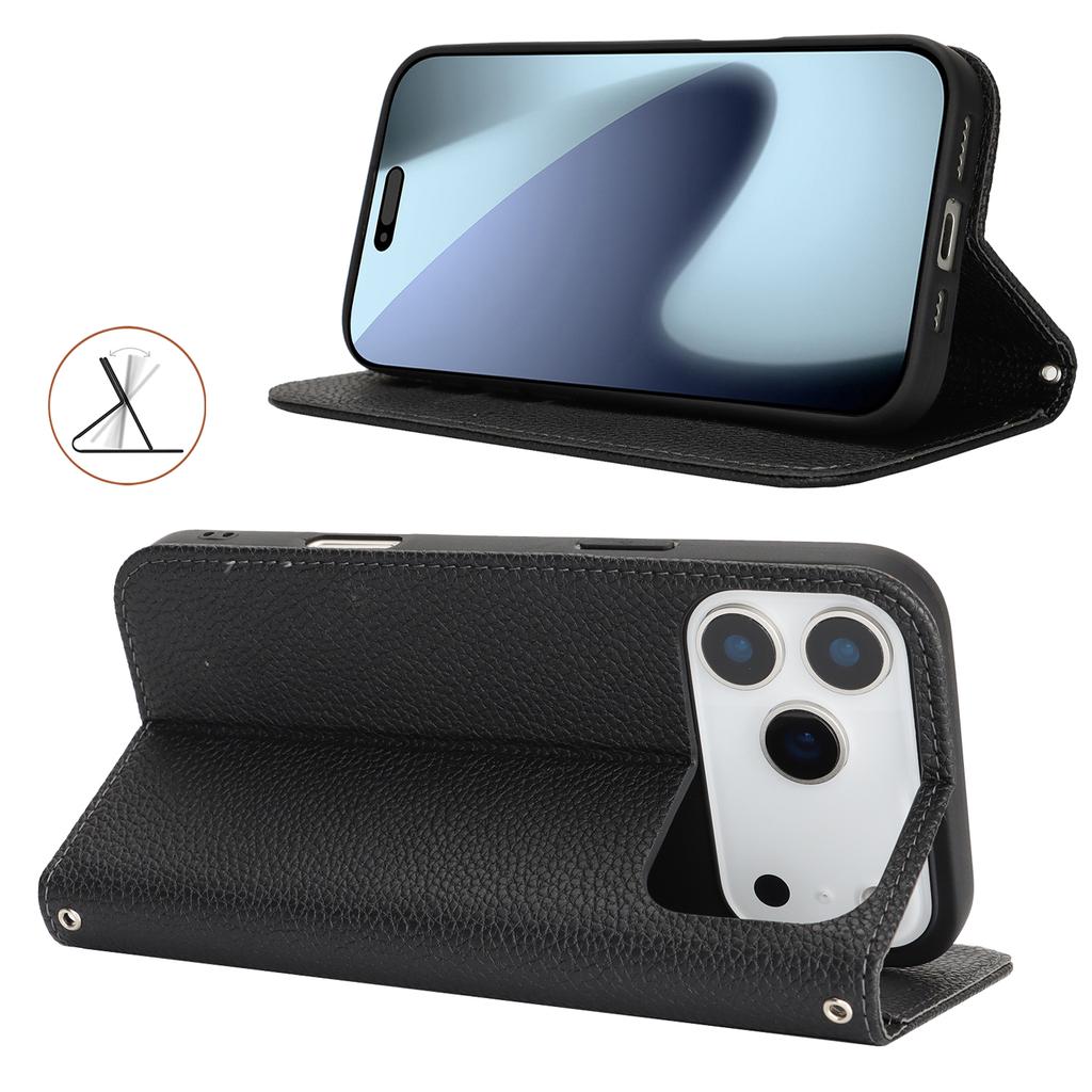 For iPhone 17 Pro Max Case Stand Wallet Litchi Texture Leather Flip Phone Cover with Strap