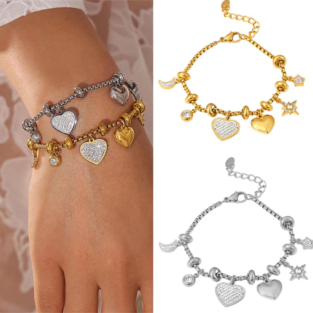 Women's 18k Gold Plated Heart Charm Bracelet Featuring Sturdy Stainless Steel and Stylish Zircon Accent Casual Wear