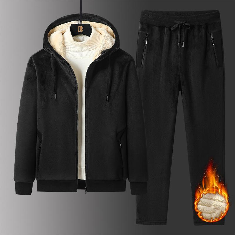 Men's Winter Plus Size Snow Warm Suit Solid Color Long Sleeve Hooded Cardigan + Solid Color Thickened Straight Pants Two-piece Set