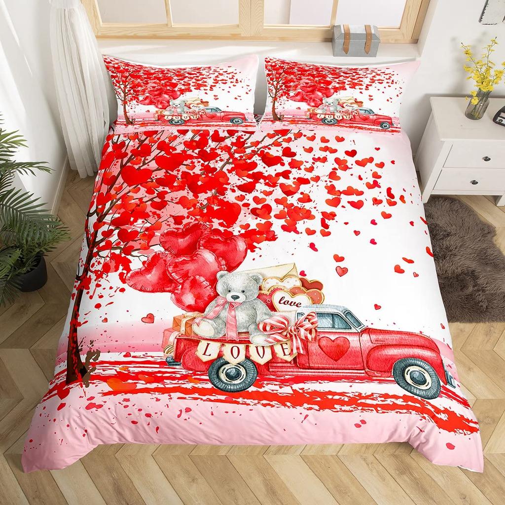 Комплект пододеяльника на День святого Валентина размера кинг, Постельное белье с красным грузовиком, сердцем и деревом, Пододеяльник с розовыми цветами и прицепом, Романтические подарки