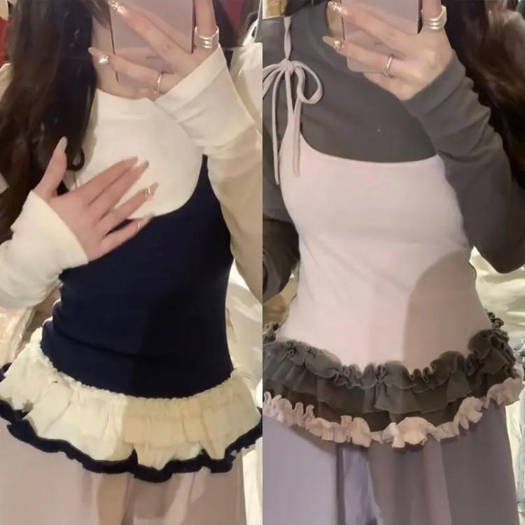 Корейские женские футболки Fake Two Chic Tees Длинные рукава О-образный вырез Оборки Милые майки Бандаж Повседневные футболки Y2k