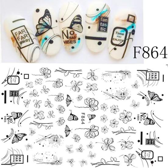 Наклейка для ногтей с цветком, различные узоры, самоклеящаяся черная белая бабочка, переводная наклейка для ногтей на лето