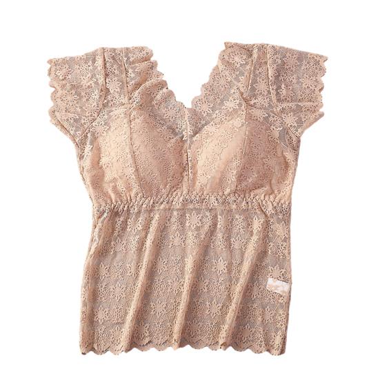 Women Lace Top Mesh Sheer Short Sleeve V Neck Undershirt with Padded Bra Floral Lace Tank Top Summer Casual Basic Shirt