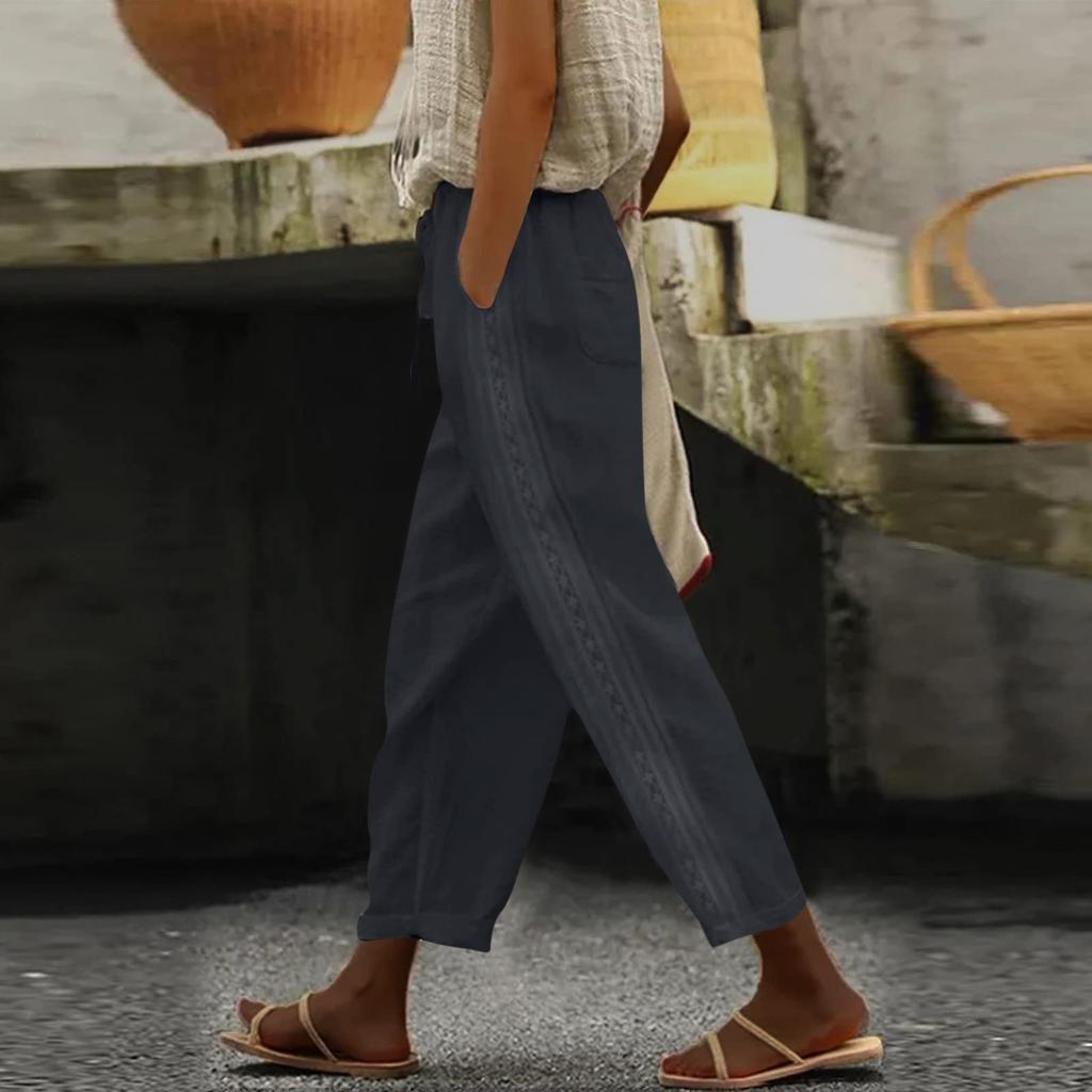 Женские модные мешковатые брюки с карманами, тонкие дышащие кружевные края, однотонные повседневные брюки в стиле ретро