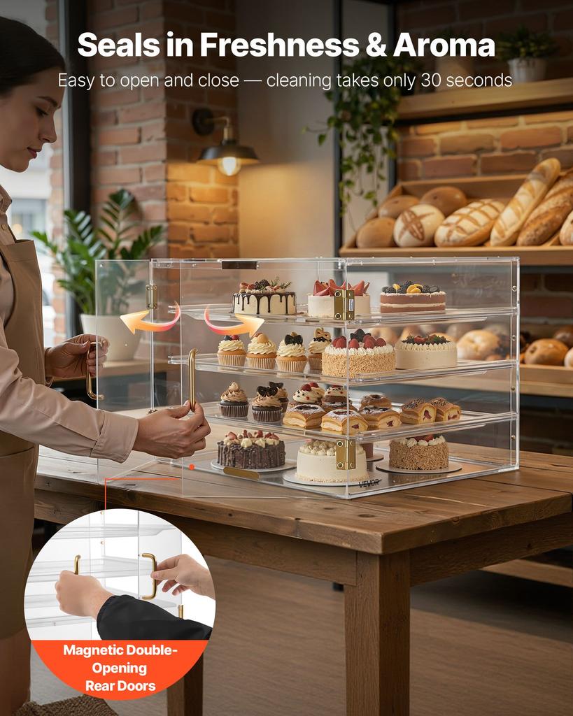 VEVOR Bakery Display Case, 4-Tier Commercial Countertop Pastry Display Case, Clear Acrylic Bread Box for Kitchen
