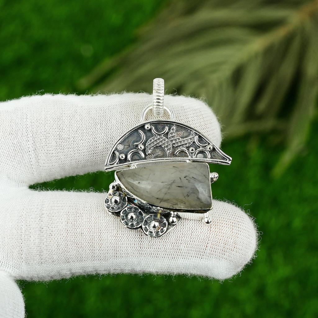 Trillion Natural Black Rutile Sterling Silver Mother Bezel New Pendant Jewelry