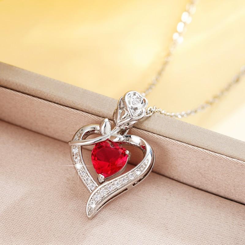 Luxury Red Zircon Rose Flower Heart Necklace Gift For Girlfriend Girls Birthday Valentine Mother'S Day Gift Romantic Accessories