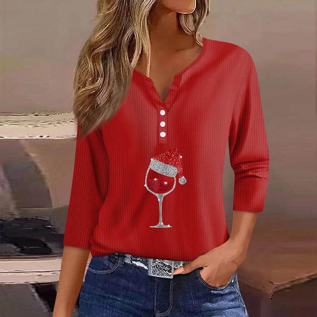 Women‘s Fashion Casual Christmas Wine Glass Printed V-neck 3/4 Sleeve Button Knit Hoodie Regular Top