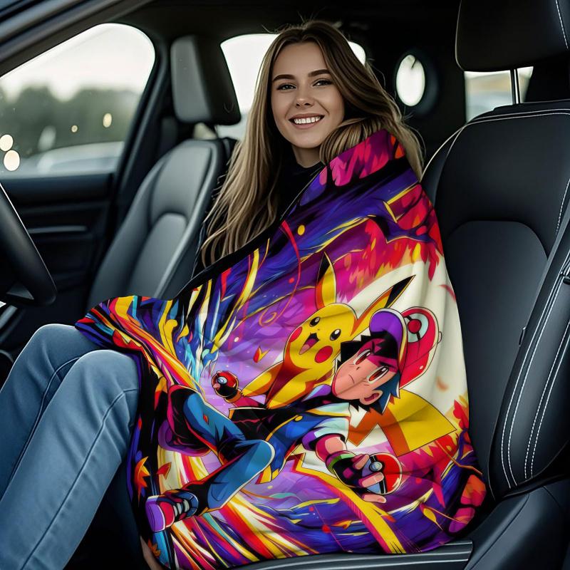 Pokémon Anime Flannel Blanket Vibrant Pikachu Ash Print Soft Warm Throw Sofa Bed Cover Camping Nap Cape Kids Adults Fans Gift