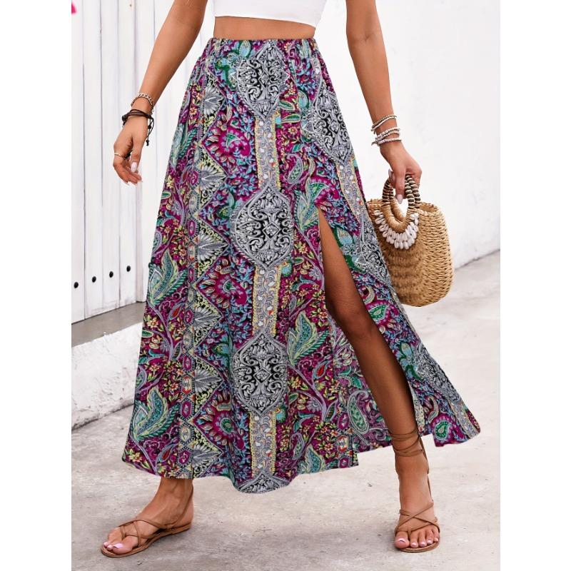 Женская летняя повседневная юбка трапециевидной формы с разрезом и принтом до половины тела