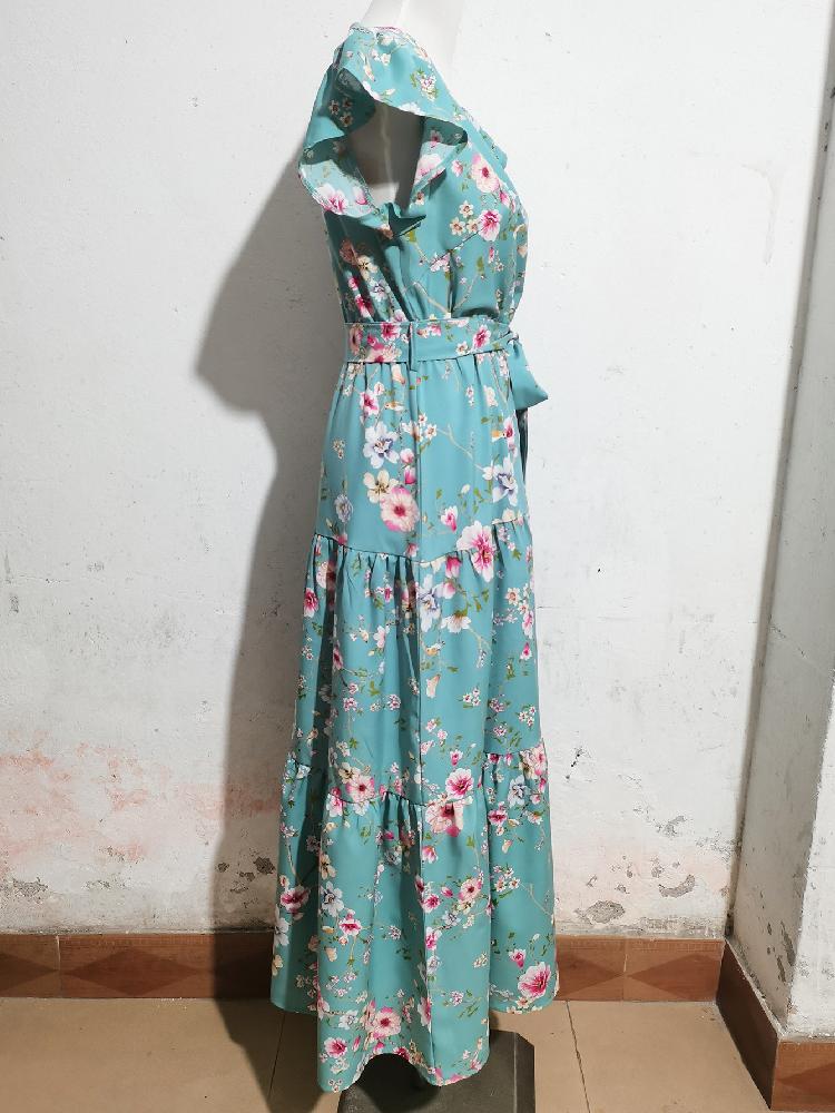 2025 Новый европейский и американский узор с принтом, поясом на талии, V-образным вырезом, платье в стиле бохо, праздничное пляжное платье