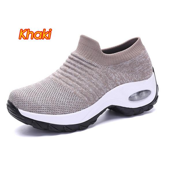 Женские модные кроссовки без шнуровки на танкетке с толстой подошвой, вязаная обувь с дышащей сеткой, удобная легкая нескользящая прогулочная обувь, размер 34-43