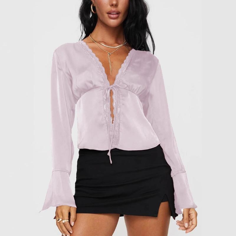 Women S V Neck Long Sleeve Lace Bow Open Front Top