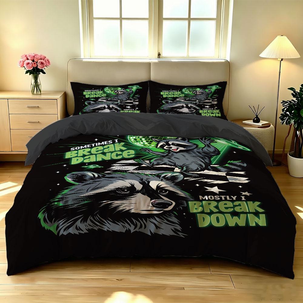 3pcs Graffiti Raccoon Animal Print Multi Size Coreless Duvet Cover Set Soft Summer Cool Bedding Decoration Machine Washable