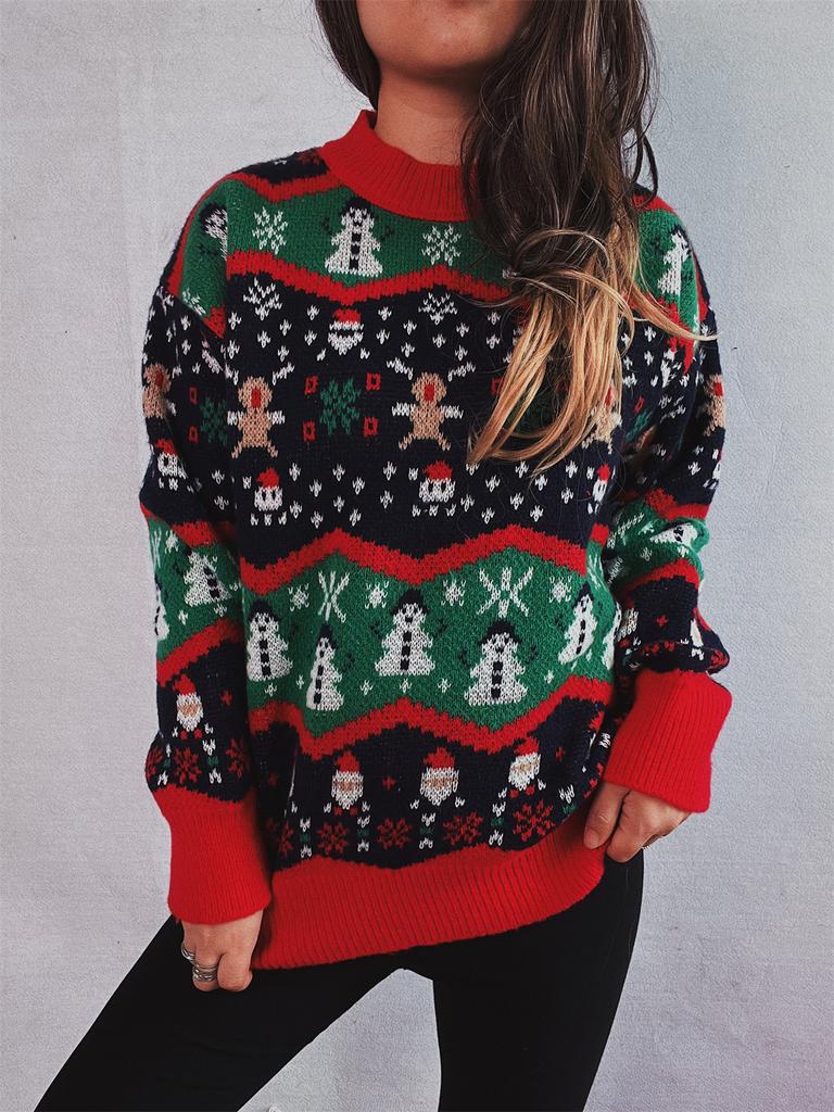 Christmas Sweater Autumn and Winter New Style Knitted Jacquard Acrylic Loose High Neck Long Sleeved Lazy Pullover New Year Sweater 3528