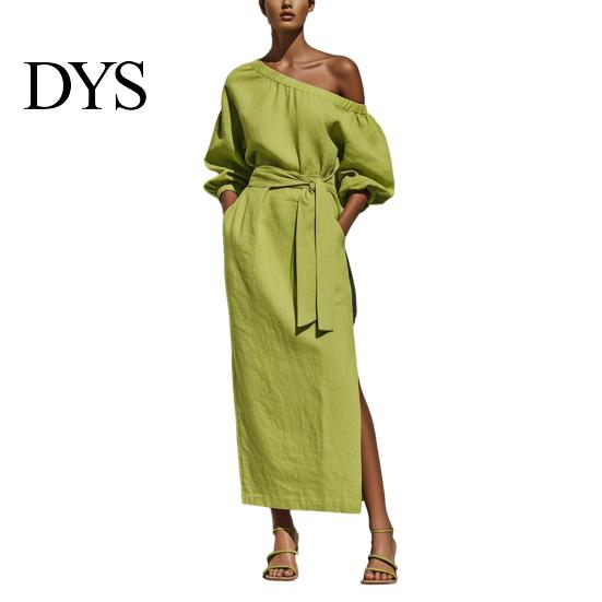 Daily Wear Dress Women One Shoulder Long Dress, Solid Color Tie Waist Side Split Everyday Dresses Casual Party Sleeve Maxi for Summer Office