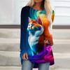 T Shirt For Women Funny Cartoon Cat Digital 3D Printing Colorful Versatile O-Neck Everyday Long Sleeve Leisure Clothing