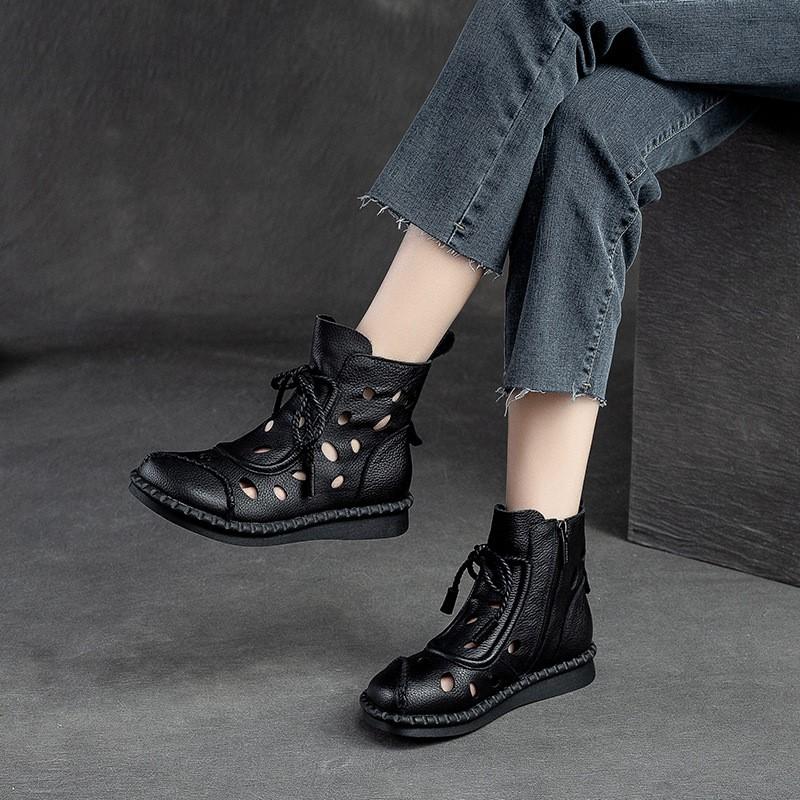 Johnature Women Shoes Summer Sandals Genuine Leather Round Toe Lace-up Handmade Retro Breathable Hollow-out Boots