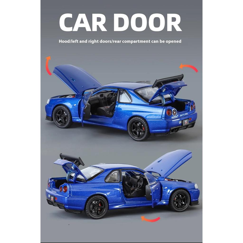 1/32 Nissan GTR R34 Skyline Суперкар Сплав Металл Литье под давлением Модель Автомобиля Звук и Свет Праздничный Подарок Парню Коллекция Хобби Украшения