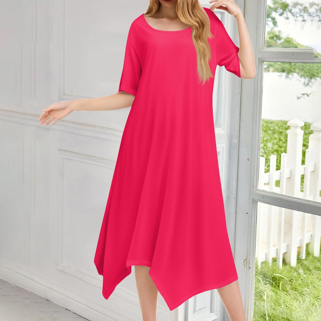 Женское повседневное модное платье миди с круглым вырезом и коротким рукавом, однотонное, с неровным подолом